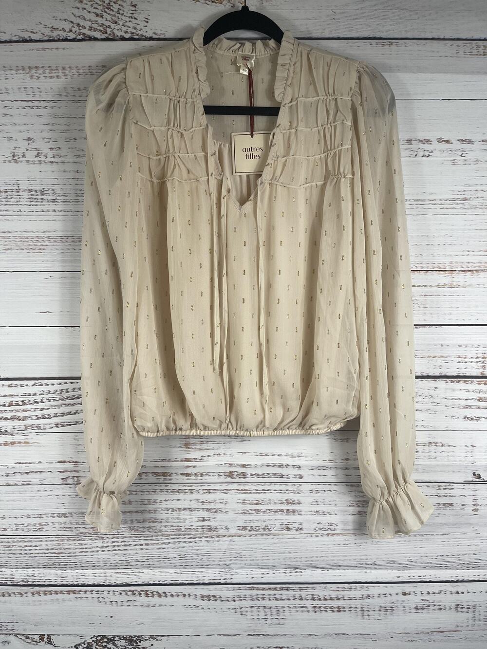 Autres Filles Blouse Women's Small White Metallic Ruffle V Neck Long Sleeve Boho